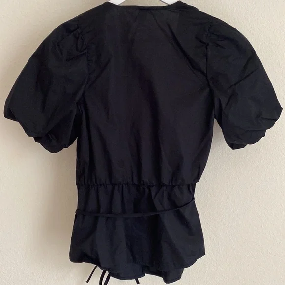 Old Navy Waist-Defined Puff-Sleeve Tie-Wrap Blouse Black S - Picture 8 of 10